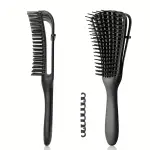 Black styling brush with flexible bristles and adjustable band, perfect for detangling and defining curly hair.
