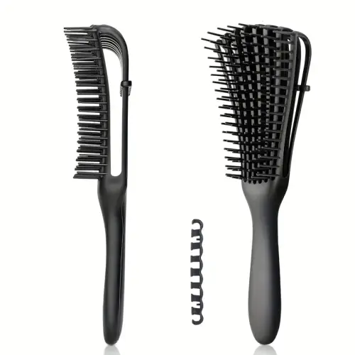 Black styling brush with flexible bristles and adjustable band, perfect for detangling and defining curly hair.
