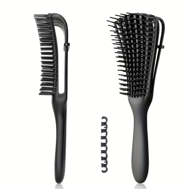 Black styling brush with flexible bristles and adjustable band, perfect for detangling and defining curly hair.