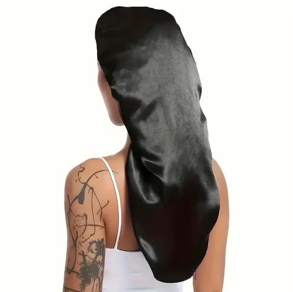 Long satin sleep bonnet for curly and coily hair – overnight frizz protection